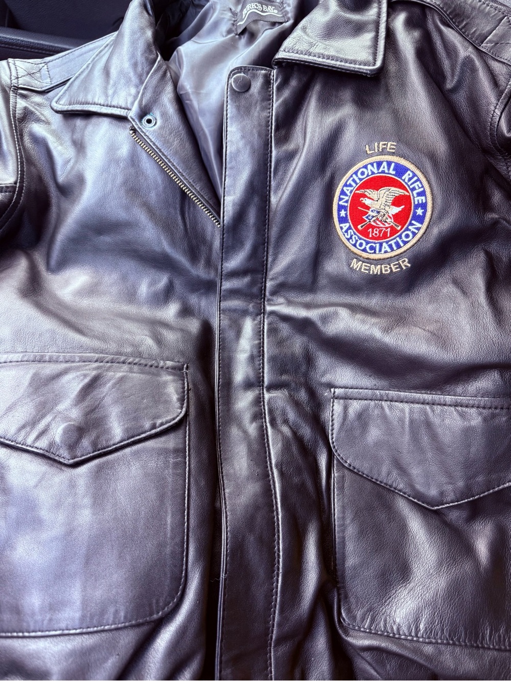 Black Leather Bomber Jacket with Life Member Patch